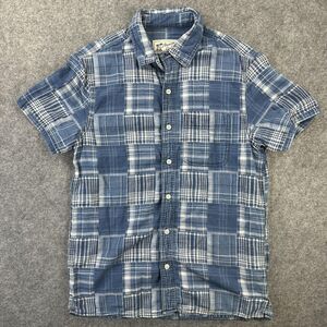 American Eagle Outfitters Shirt Mens S Blue Plaid Short Sleeve Button Up Patch